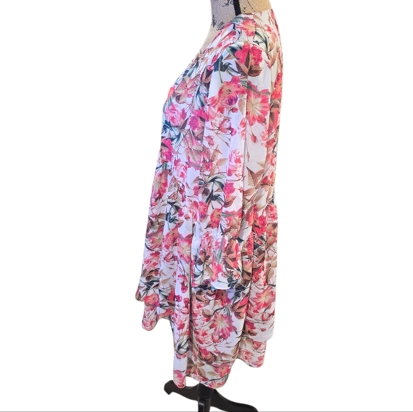 Gianni Bini Floral Print‎ Mini Dress V Neck 3/4 Bell Sleeve White Pink - Picture 4 of 8